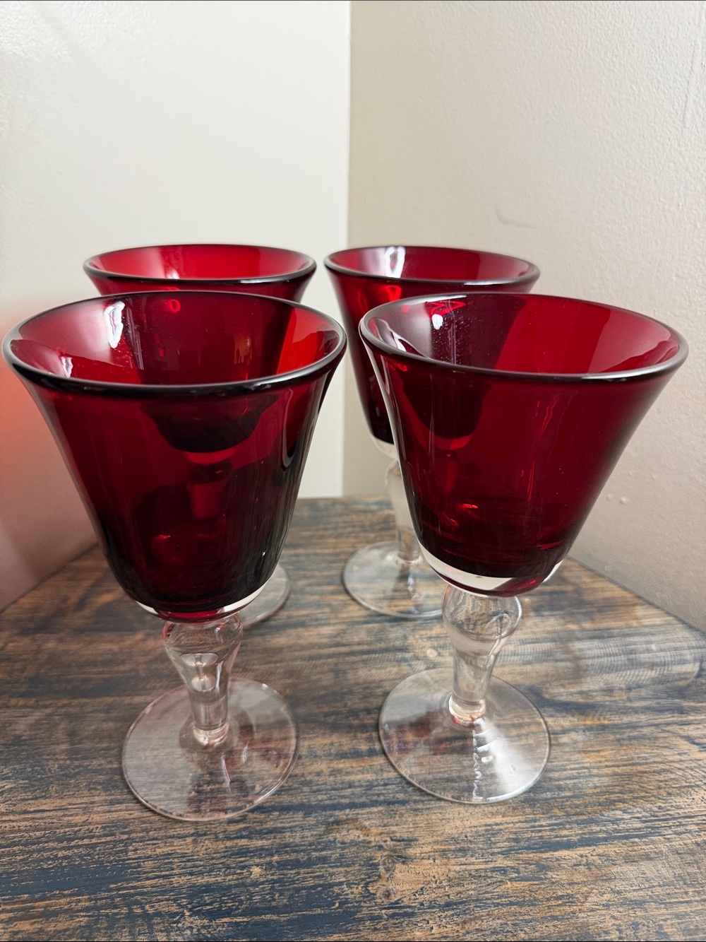 Set of 4 Ruby Red Stemmed Wine Glasses hand blown. Heavy and excellent quality.